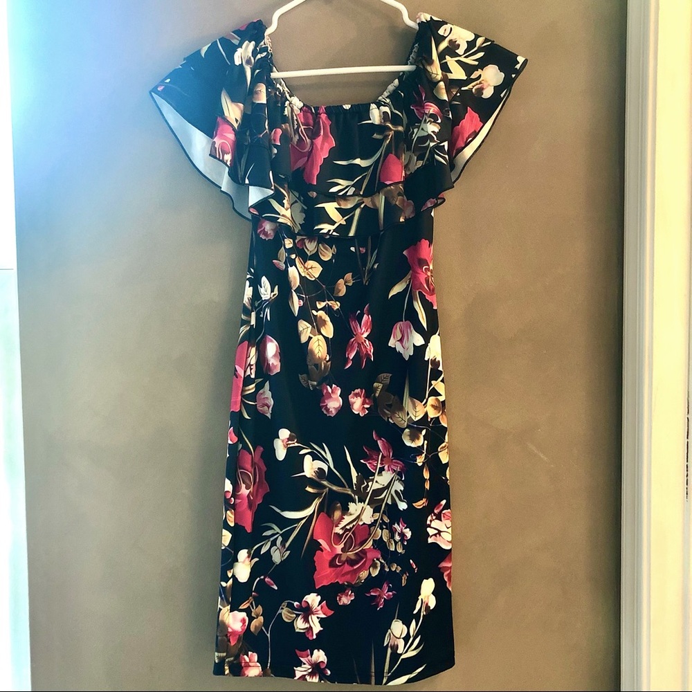 Navy/Pink Floral off the Shoulder Stretchy Dress